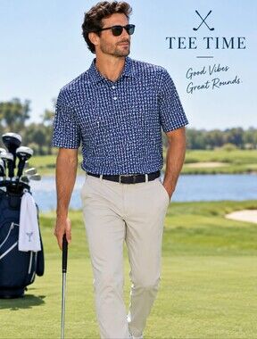 ⛳️Men's Navy Geometric Performance Polo Quick-dri